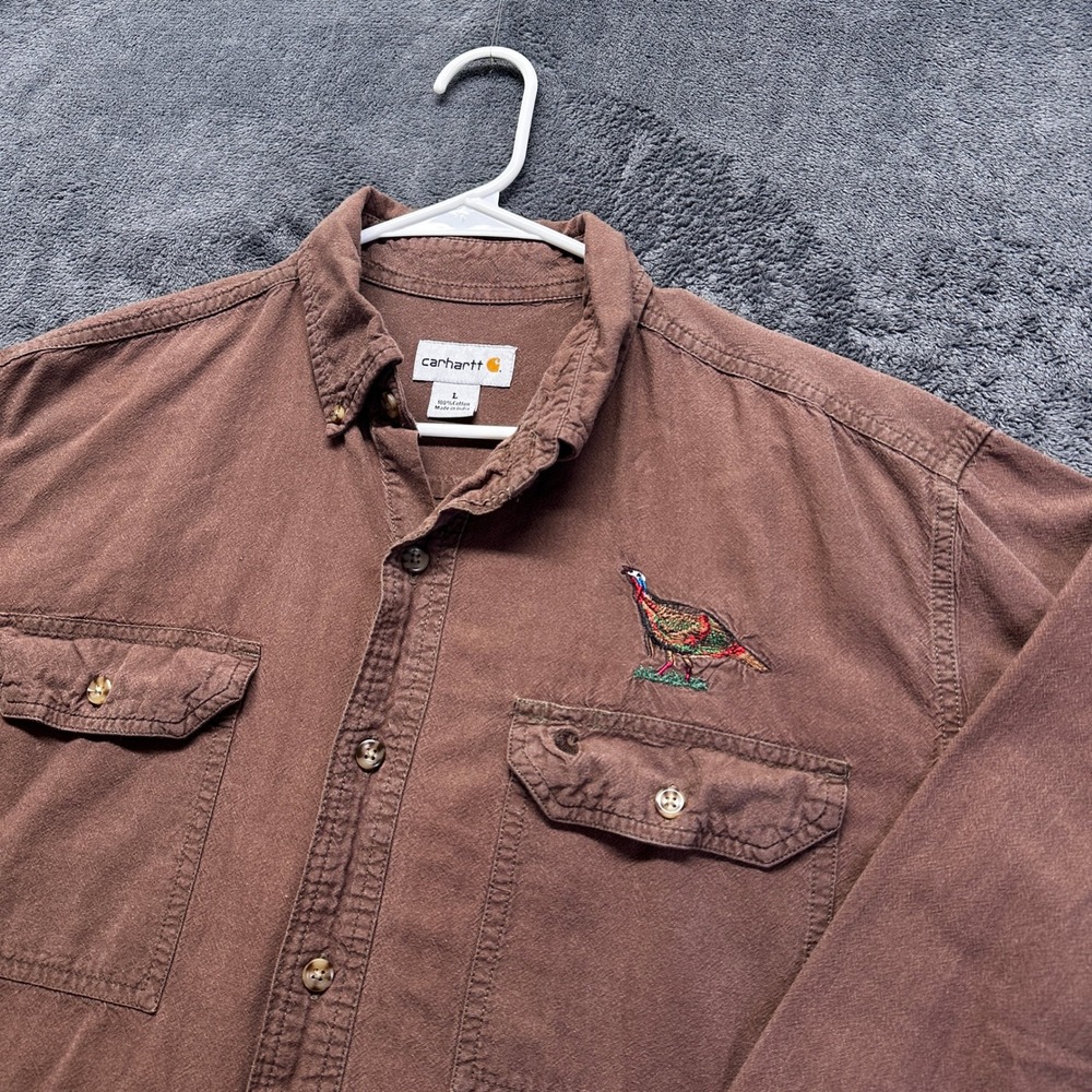 Carhartt Button Down Shirt Mens Large Brown Pheasant Embroidered Long Sleeve